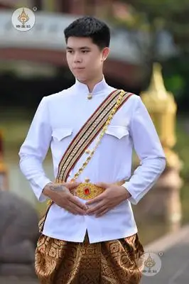 傣王妃服饰泰国传统男装套装正装白色泰西结合影楼旅拍结婚新郎装