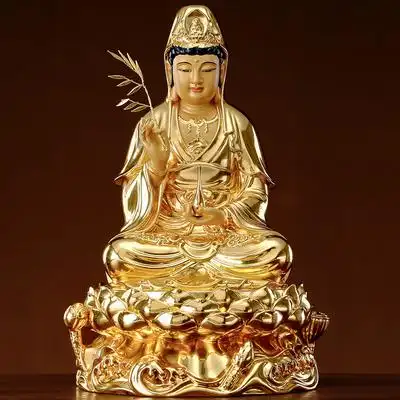 台湾贴金观音佛居家供奉家用开光纯铜观音菩萨神像客厅供佛摆件