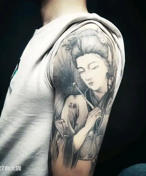 大臂新传统艺妓_纹身图案手稿图片_王源的纹身作品集