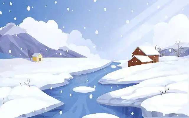 冬天卡通场景插画jpg素材大雪背景冬至快乐蓝色卡通扁平冬天下雪房子