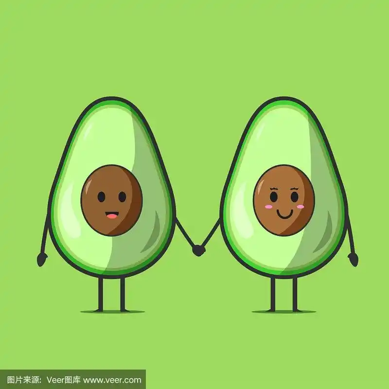 有趣可爱的鳄梨角色.两个矢量扁平牛油果卡通人物牵手.