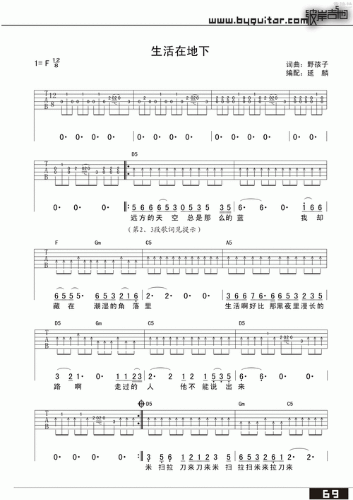 生活在地下吉他谱(图片谱,弹唱)_野孩子_生活在地下 1.gif