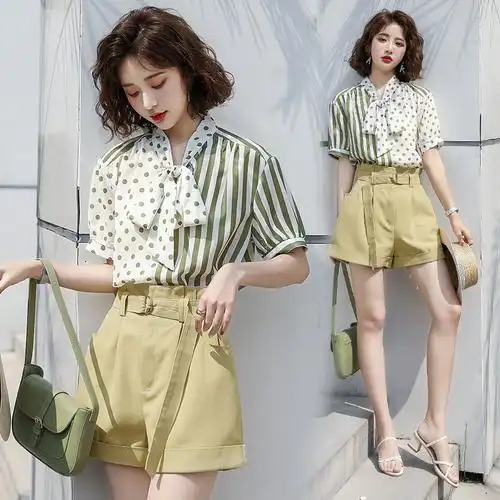 套裤减龄夏季女装两件套波点条纹雪纺上衣配牛仔短裤时尚休闲套装