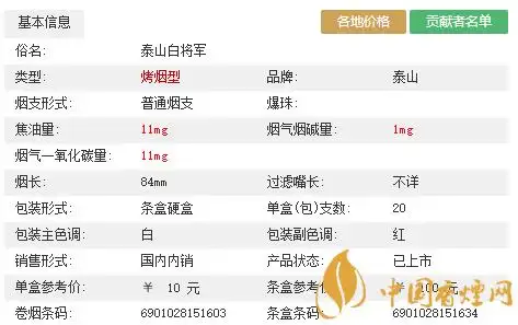 2020白将军多少钱一盒山东泰山白将军香烟价格表