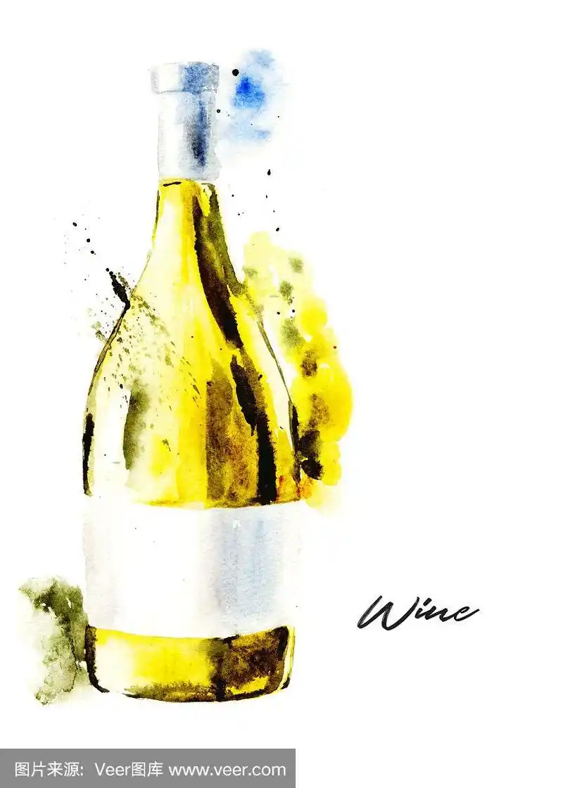 手绘水彩画的酒瓶,红酒.