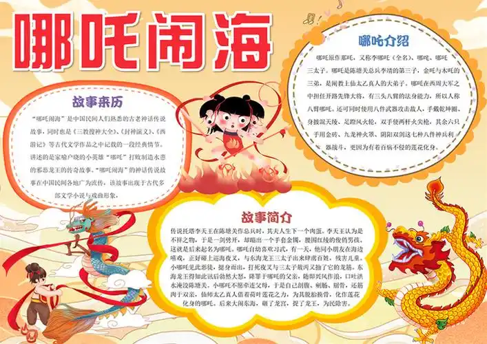 2023哪吒闹海手抄报古风精美中国神话故事word电子小报模板