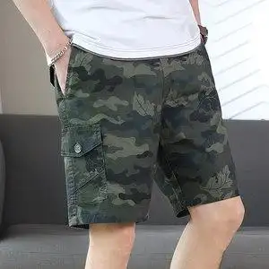 休闲五分裤男士外穿宽松纯棉夏季薄款中裤子男军绿色迷彩工装短裤