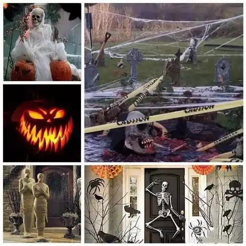 邪恶的南瓜造型,惨白的鬼脸,黑巫师斗篷,死人骷髅,木乃伊,蝙蝠,蜘蛛网