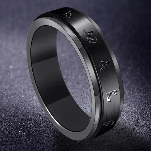 六字真言男士戒指韩版潮个性指环钛钢嘻哈单身食指男戒蹦迪可转动