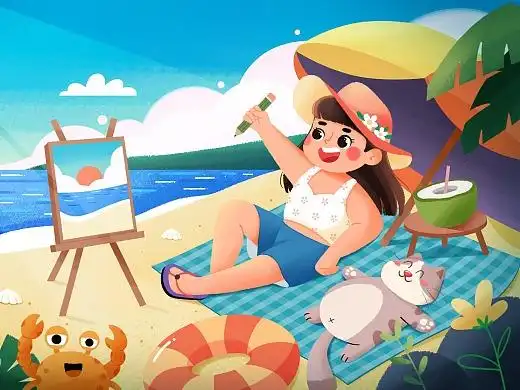 夏天海边游玩儿童插画