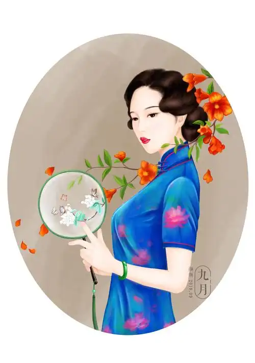 古风手绘旗袍插画