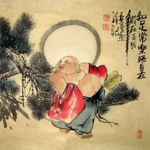 美协何奕勇-三尺斗方精美人物《知足常乐悟自在》-花鸟国画原作--zc