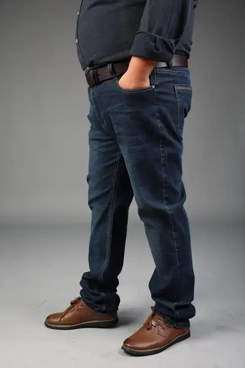 夏季薄款牛仔裤男宽松长裤子加肥加大胖子高腰弹力男士直筒肥佬裤