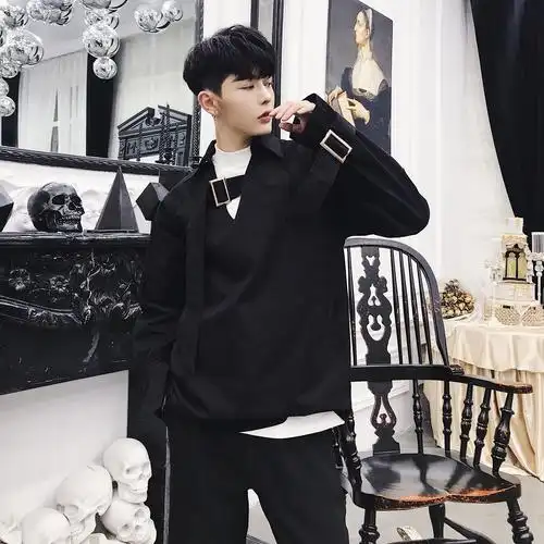 网红男装_dj夜店男装舞台演出服衬衣个性飘带ins网红同款秋季宽松长袖