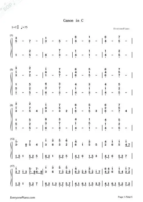 c大调卡农带力度版双手简谱预览1