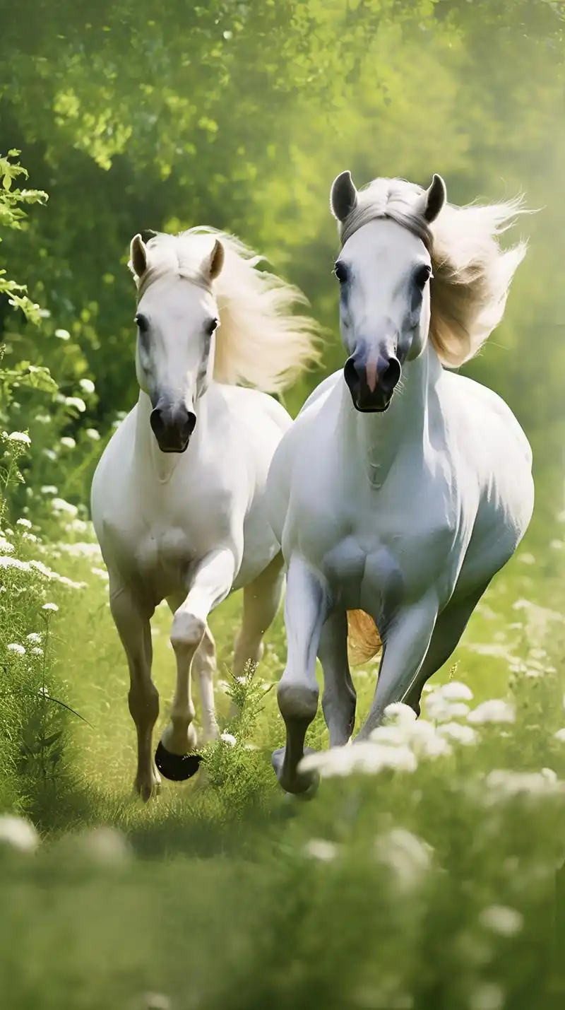 两匹白色的骏马奔驰在的草原上,四蹄翻腾,长鬃飞扬美的姿势宛若 - 抖