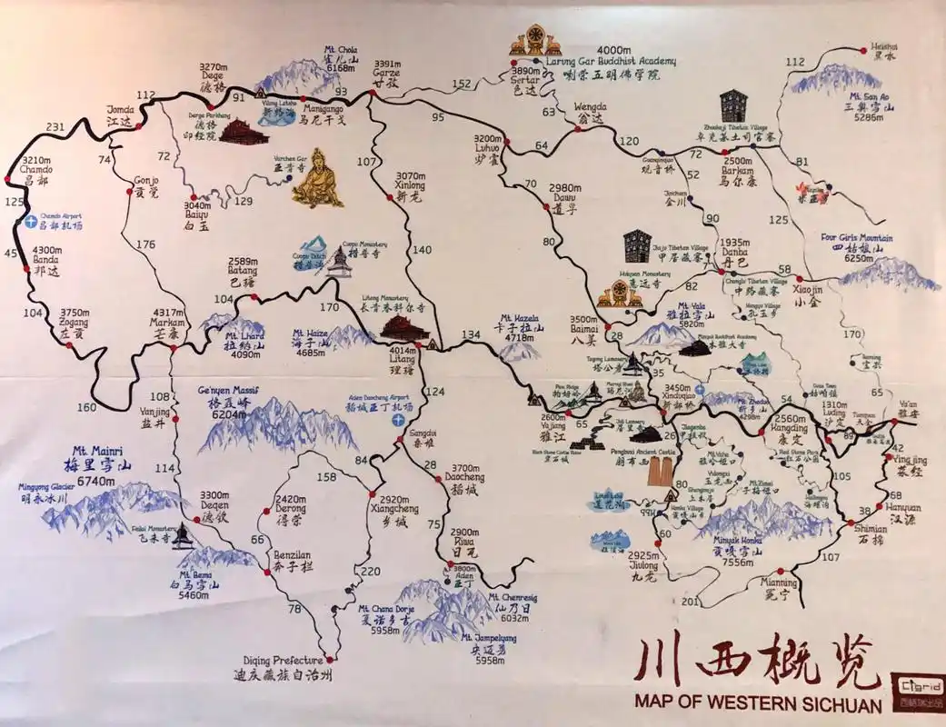 川西自驾|四川西部旅行景观地图 在酒店拍到了一张川西景观概览图,有