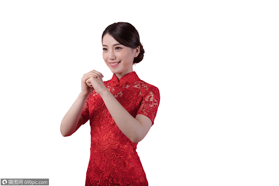 新春穿旗袍的美女在祝贺