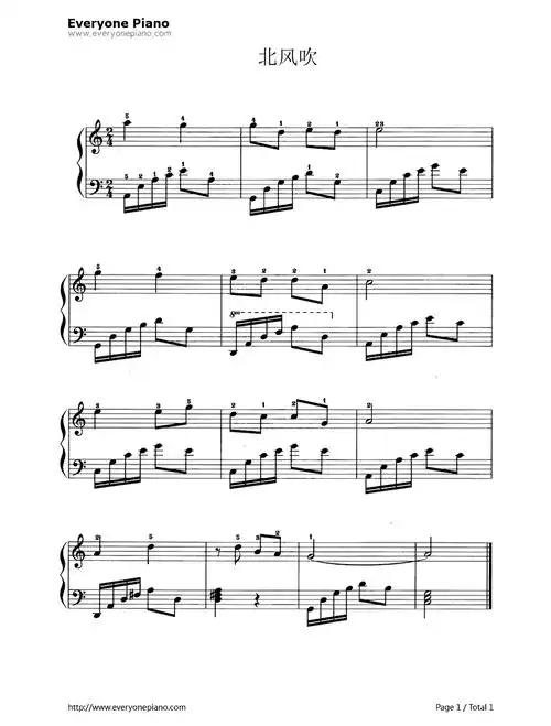 北风吹五线谱预览1-钢琴谱文件(五线谱,双手简谱,数字谱,midi,pdf)