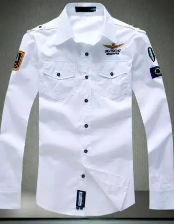 墨麒麟男士2016修身空军一号衬衫时尚休闲长袖微章小清新衬衣 白色 xl