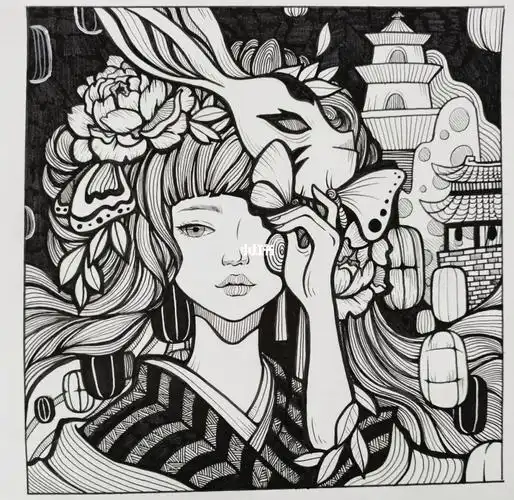 手绘设计黑白装饰画12100