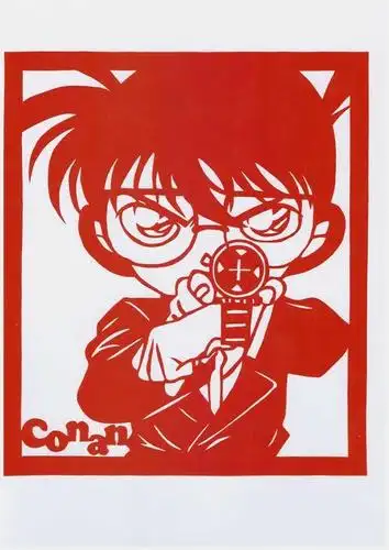 竖版 竖屏双面红纸传统窗花室内装饰 动漫人物名侦探柯南纯手工剪纸