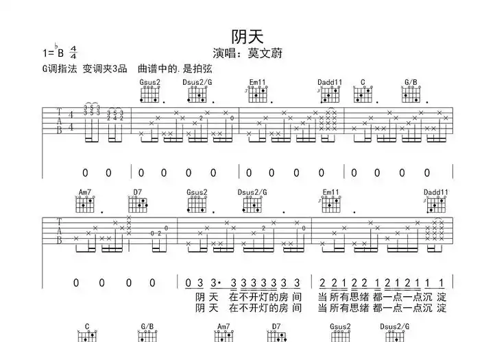 阴天吉他谱_莫文蔚_g调弹唱53%原版 - 吉他世界