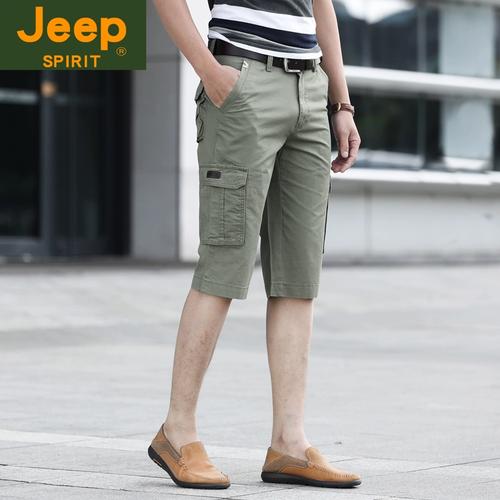 jeep吉普短裤男多口袋夏季休闲七分裤薄款裤中年纯棉宽松直筒工装