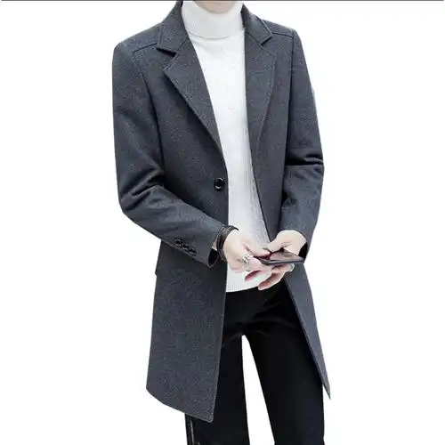 baluoshang风衣男装秋冬男士毛呢大衣商务休闲西装领中长款加厚毛外套