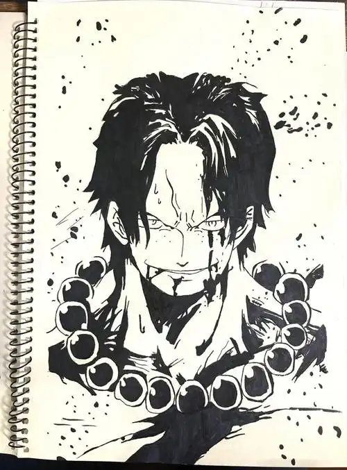 手绘海贼王黑白系列之艾斯附线稿过程