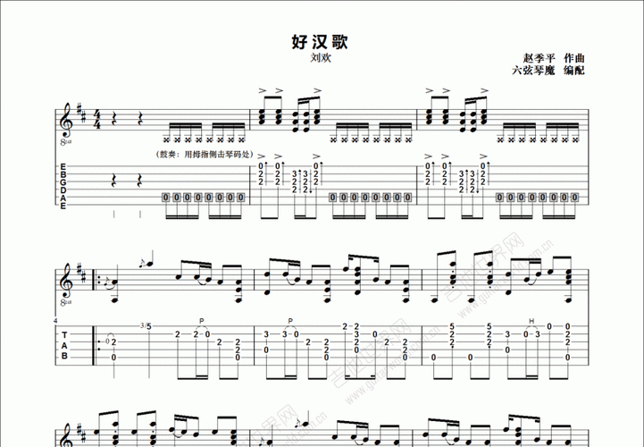 好汉歌吉他谱_刘欢_d调指弹吉他谱 - 吉他世界