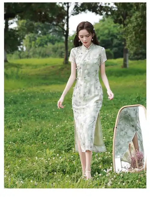 皮尔卡丹老上海手工真丝绿色旗袍2022年新款长款修身年轻款少女复古