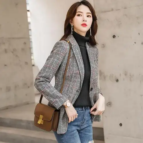 格子小西西装外套女春春季厚款收腰休闲呢子西装