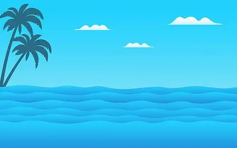 卡通大海蓝天白云椰树手绘插画海报背景
