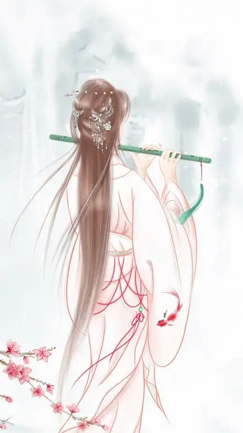吹箫的古风古装美女背影唯美手绘手机壁纸