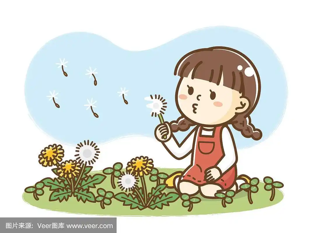 女孩吹着蒲公英的绒毛