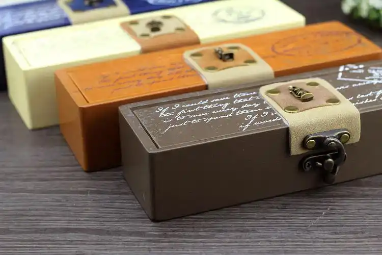 s1890 时光宝盒 复古木质皮扣翻盖文具盒 铅笔盒收纳盒办公礼品