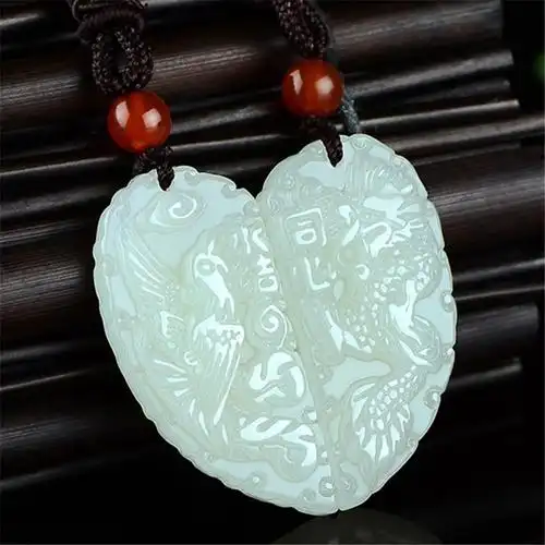 真玉和田白玉永结同心吊坠男女情侣款玉石坠对牌龙凤心形玉佩一对