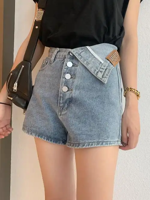 实拍#牛仔短裤女大码宽松适合胯大腿粗的高腰设计款双色热裤潮