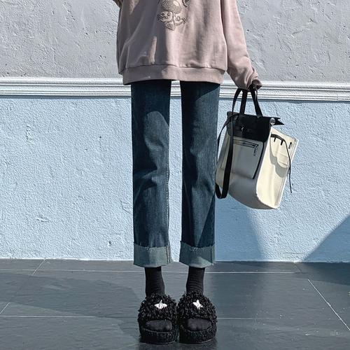 卷裤脚直筒牛仔裤女2024年早春新款小个子卷边显瘦翻边烟管裤子