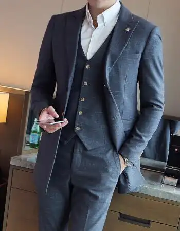 yar&nor职业正装西装男套装韩版修身商务休闲男士西服中长款三件套