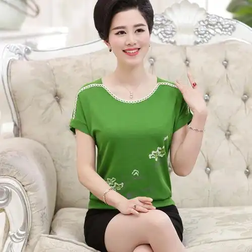 qma新款中老年女装夏装新款短袖t恤衫大码妈妈装短袖4050岁中年妇女