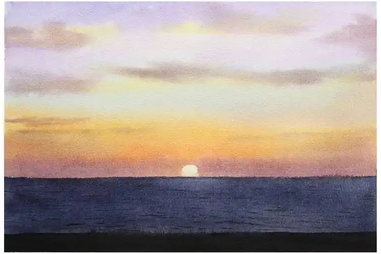 杨帆的水彩日记平静的海上落日水彩画教程
