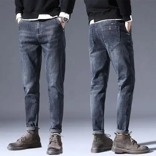 yuansu秋季萝卜裤男士宽松牛仔裤男直筒哈伦裤港风潮牌弹力修身休闲