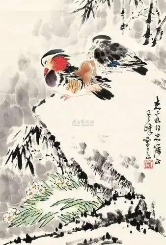 0284鸳鸯镜心设色纸本