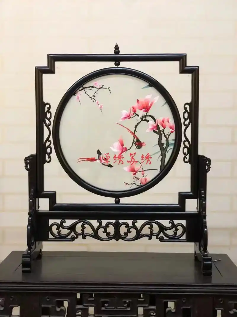 双面绣苏绣玉兰花鸟摆件吉祥