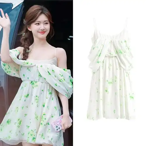 [现货]赵露思同款绿色碎花一字领连衣裙纯欲风时尚气质修身短裙女