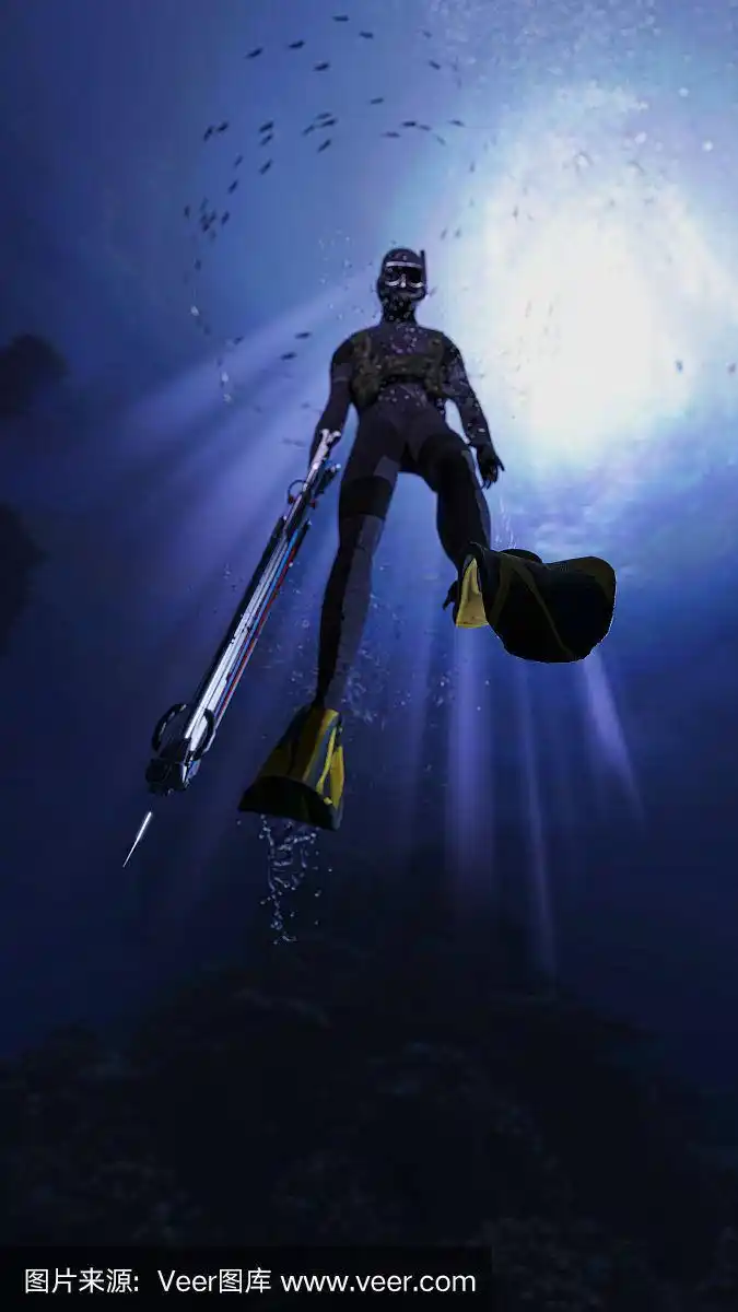 鱼叉捕鱼潜水员在有效的灯光下持有他的鱼叉枪从底部3d渲染视图