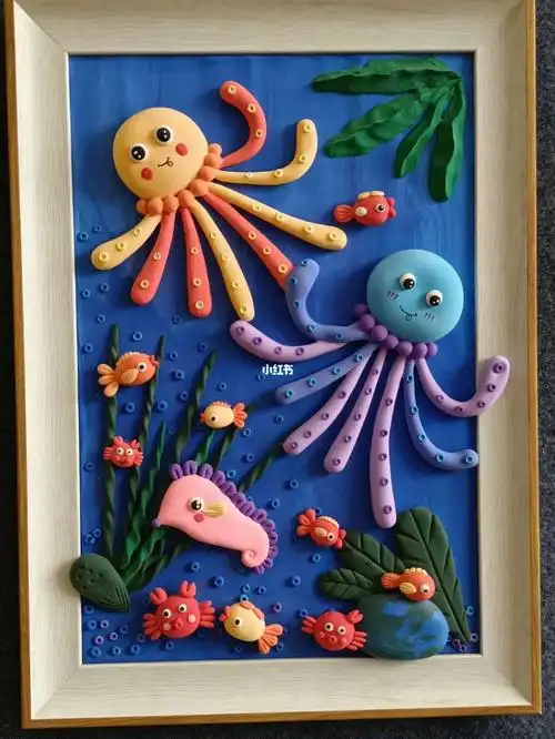 儿童画  #黏土画  #海洋世界  #创意美术儿童画  #章鱼 #海底世界