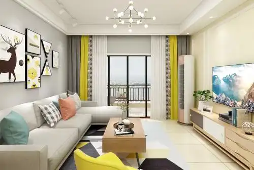 暖色鲜明对比且造型价格相当实惠,简单吊顶凸出层次又不压抑,沙发l型